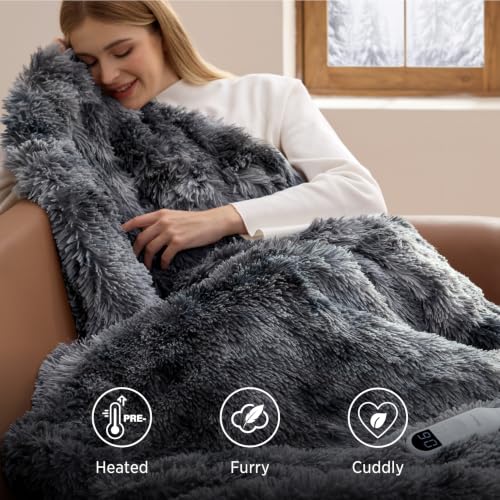 Image of Bedsure Faux Fur Heated Blanket Full Size, Long-Pile Electric Blanket, Grey