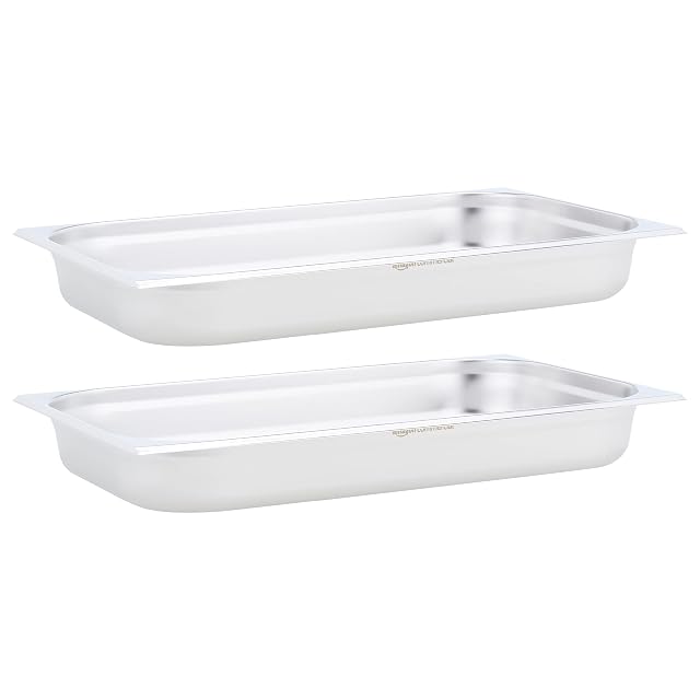 AmazonCommercial Full Size 6 cm Deep, Anti-Jam Stainless Steel Steam Table / Hotel Pan, 0.7 mm Steel, Pack of 2