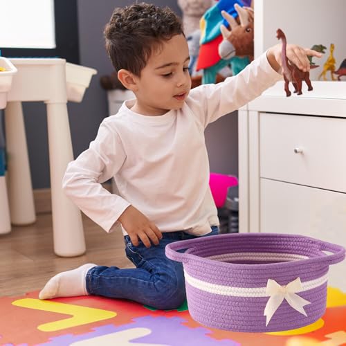 Image of Gift Baskets Empty, Small Woven Rope Storage Basket with Bow and Ribbons and Gift Wrap, Bowknot Decorative Gifts Basket with Handles, DIY Storage Organizer Basket for Wedding Graduation, Purple