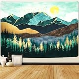 Krelymics Mountain Forest Nature Landscape Tapestry for Bedroom Aesthetic Sunset Wall Hanging Boho Green Tapestry (51.2 x 59.1 inches)