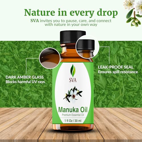 Image of SVA Manuka Essential Oil 1 Fl Oz - for Diffuser, Skin & Hair Care - Ideal for Massage & DIY Blends - with Dropper