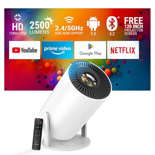 Image of Ant Esports View 521 Smart LED Projector - White | 1080P & 4K Support I 2500 Lumens I WiFi +BT, Android 9 I HDMI /USB I Upto 130 inch(330cm) Max Screen I Speaker Power 3W I 720P Native Included 120 inch Screen