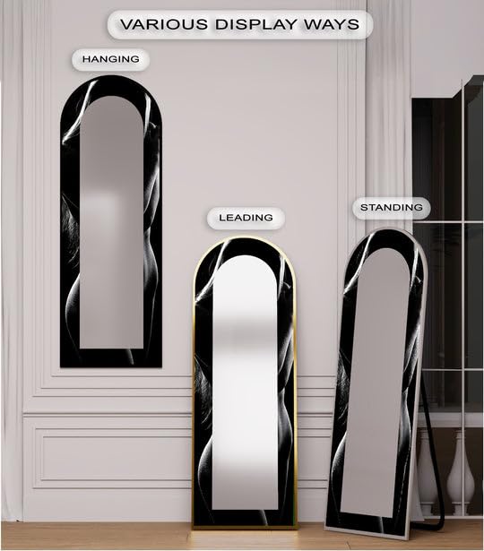 Shadow Curve - Specchio da pavimento con contorno nero opaco, lunghezza completa, con cornice nera e cornice nera