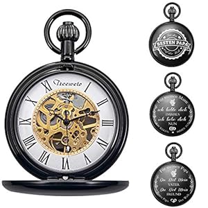 TREEWETO Unisex zakhorloge gepersonaliseerde gravure met ketting analoog handwiel glossy gepolijst zwart