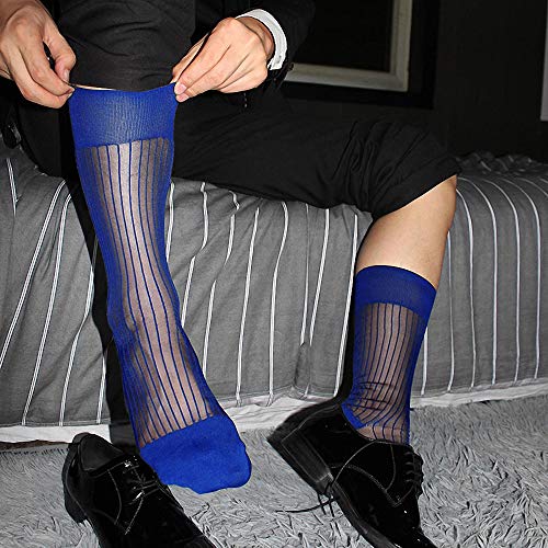 Goobester Tube Stockngs For Men Sheer Wear Blue Transparent Stripe Business Dress Socks3