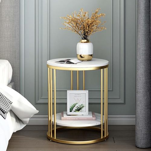Image of Round End Table with Metal Gold Frame & Marble Finish Shelves - 2 Tier Side Table, Modern Coffee Table, Bedside Nightstand for Living Room, Bedroom, Balcony (White-Gold, 40cm)