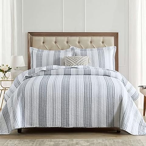 Finlonte Quilt King Size, King Quilt Set, White Navy Striped Quilt, 100% Cotton King Quilt Bedding Set, Lightweight Reversible Bedspread for King Bed, All Season, 3 Pieces Cover