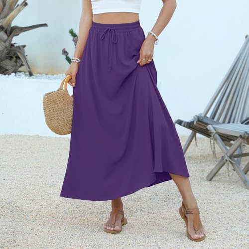 Women's Casual Maxi Skirt Summer Flowy Elastic High Waist Skirts with Pockets