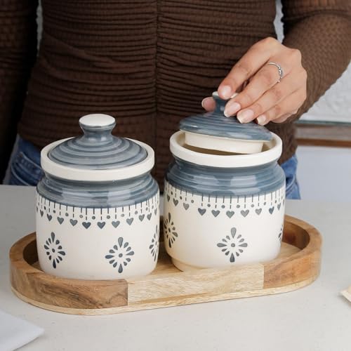 Image of The Earth Store Grey Drape Ceramic Jar with Wooden Tray | 650ml Each | Pickle Jar | Kitchen Storage Container Set for Pickle, Cookies, Sugar, Tea, Coffee - 2 Jars & 1 Tray Combo Set