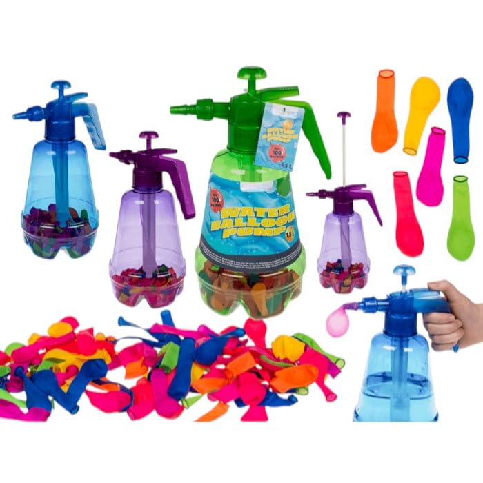 Water Pump with 100 Balloons, 1.5 Litres Capacity, Water Balloons Inflated Pump, Assorted 3 Colours, 18 x 28 x 14 cm