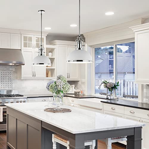 Image of JONATHAN Y Homer Industrial Dome Pendant 13 inch, White /Chrome | 1-Light, Farmhouse Style, Adjustable Hanging Height, Glass Diffuser, Sloped Ceiling Compatible, Metal, LED Bulb Included