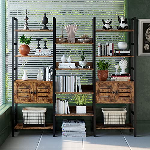 IRONCK Industrial Bookshelf and Bookcase with 2 Louvered Doors 5 Tiers Triple Wide Display Shelf with Storage Cabinet for Living Room Home Office - Image 3