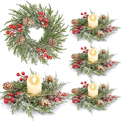 4 Pack Flocked Mini Christmas Wreath Candle Rings 9x3.5 Snowy Cypress Wreaths with 20 Branches 21 Red Berries & 3 Pinecones Small Xmas Candle Wreath Decor for Cabinet Table Centerpiece Holiday