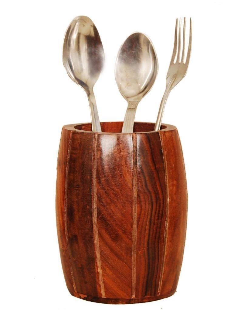 Craftize Mstore Wooden Spoon Holder for Kitchen Utensils – Rustic Barrel-Shaped Cutlery Organizer, 3" L x 3" W x 4.5" H – Countertop, Farmhouse Kitchen Storage & Decor