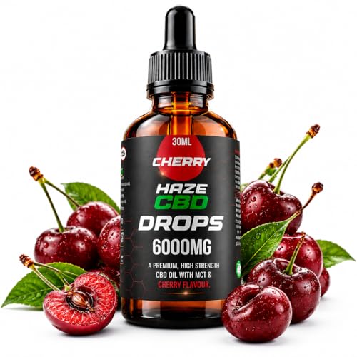 Haze CBD 6000mg CBD Oil 30ml High Strength CBD Oil - Premium CBD Oral Drops 100% Natural Flavour Broad Spectrum CBD with MCT Oil THC Free Wellness & Daily Balance Support (Cherry)