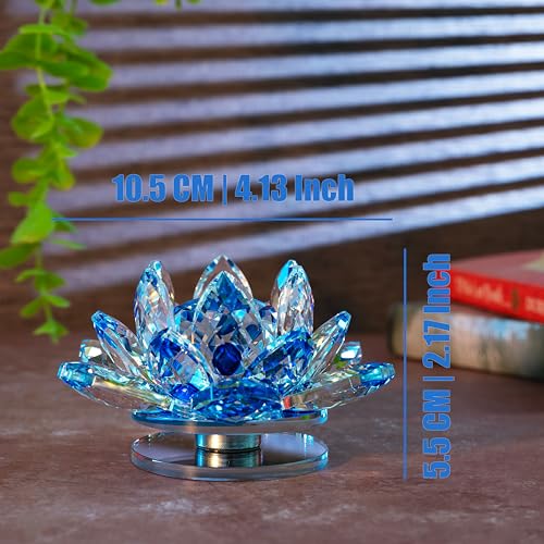 Image of FengShui Crystal Lotus Flower Showpiece & Paperweight | Vastu Decor for Home & Office | Desk Decoration | Feng Shui Items for Good Luck, Home Decor & Gifting | Blue (Medium-10.5 x 5.5 CM)