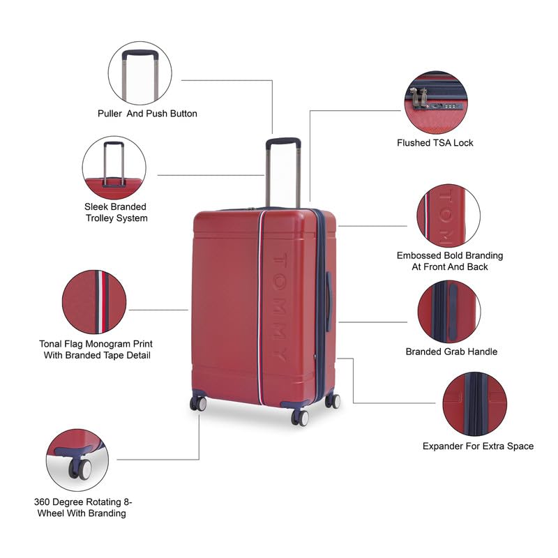 Image of Tommy Hilfiger Millennia Large Hard Luggage - Red |Check-in Trolley Bag with TSA Lock | 360 Spinner Double Wheels | Telescopic Handle | Polycarbonate Hardshell Suitcase | 89L Capacity | 78cm