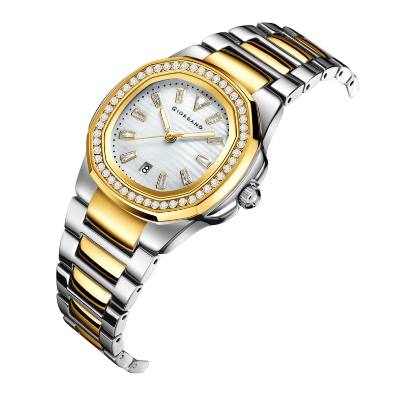 Image of Giordano Luxury Analog Quartz Watch for Women with Square Textured Dial, Crystal Indices, Date Display Function and Stainless Steel Strap - GZ-60116