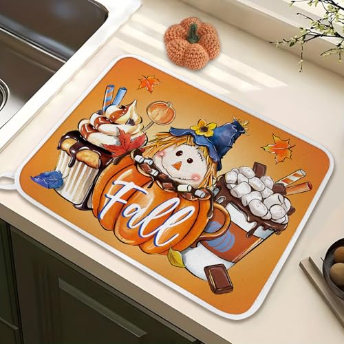 Tailus TA-309-DDM Fall Coffee Dish Drying Mat For Kitchen Counter, Autumn Scarecrow Pumpkin Microfiber Absorbent Dish Drainer Mat thumb #4
