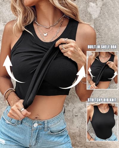 CHICME Tank Tops with Built in Bras Athletic Tank Tops for Women Ribbed Tank Top Running Tops Black-L