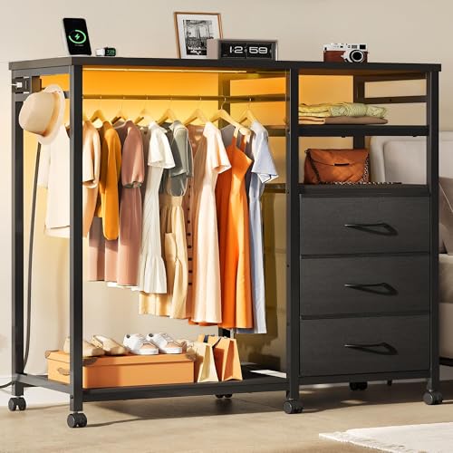 WLIVE Black Dresser with Hanging Rack for Bedroom 3 Drawer Dresser with LED Lights & Charging Station Fabric Dressers & Chest of Drawers Storage Organizer with Open Shelves for Living Room