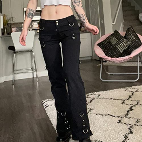 Women Side Zipper Goth Jeans Pants Vintage Streetwear Punk Casual Denim Trousers High Waist Bell Bottoms Pants3