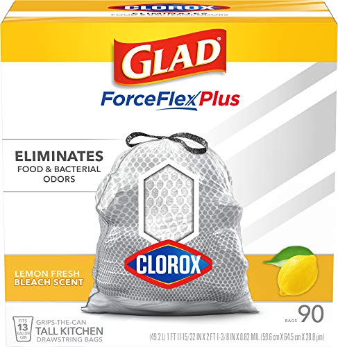 Glad Tall Kitchen Trash Bags ForceFlex Plus with Clorox, 13 Gallon, Lemon Fresh Bleach Scent 90 Count (Package May Vary)