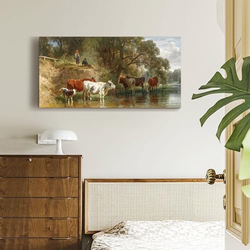 SERIMINO Large Wall Art for Living Room, Riverside Animal Landscape Vintage Wall Decor, Herding Cattle Pastoral Canvas Painting, Retro Cow Pictures Home Decor for Bedroom Kitchen, 24x48 Inch