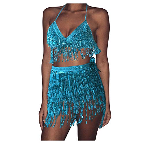 Belly Dance Skirt with Crop Top Sequins Fringe Skirts Set Rave Dance Bra Top Party Costume Outfits for Women and Girls Light Blue