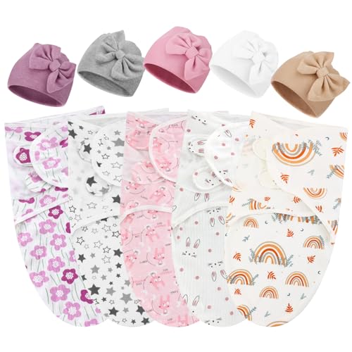 Image of Fanfanwin 5 Pack Preemie Swaddle Blanket Wrap with Hat Set Cotton Preemie Baby Clothes Hat Receiving Blanket for 3-7 Lbs Newborn Boys Girls(Bow)