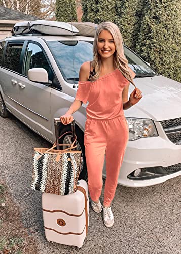 Image of PRETTYGARDEN Jumpsuits for Women Summer Off Shoulder Romper | Short Sleeve Drawstring Waist, Jogger Jumpers with Pockets, One Piece Spring Break Outfits, Vacation Travel Lounge Clothes