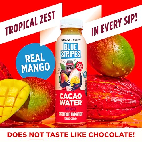 Image of Blue Stripes Mango Cacao Water - Hydration Drink with Natural Electrolytes & Antioxidants | Cold Pressed Cacao Juice, Mango Juice & Water | No Sugar Added, Plant Based, Non GMO | 10 Fl Oz (12 Pack)
