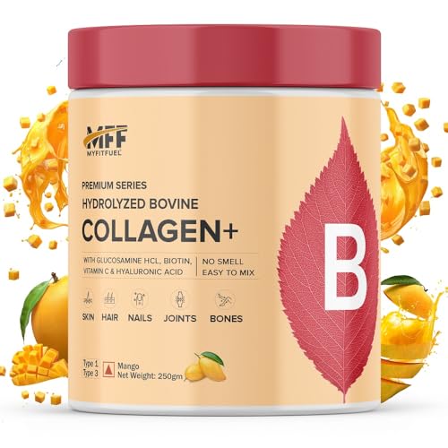 Image of MyFitFuel Hydrolyzed Bovine Collagen (250gm, Mango) with Biotin, Hyaluronic Acid, Zinc, Vitamin C & Glucosamine | For Skin, Hair, Nails & Joints