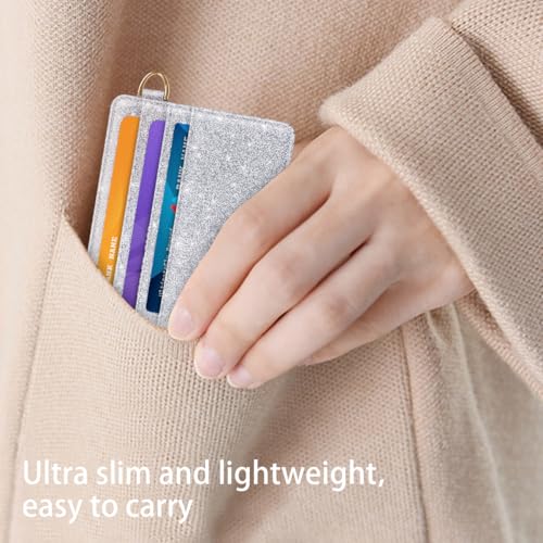 Image of Slim Minimalist Pocket Credit Card Holder Wallet Women | RFID Blocking Lightweight Thin Small Cute Card Cases, Glitter Silvery