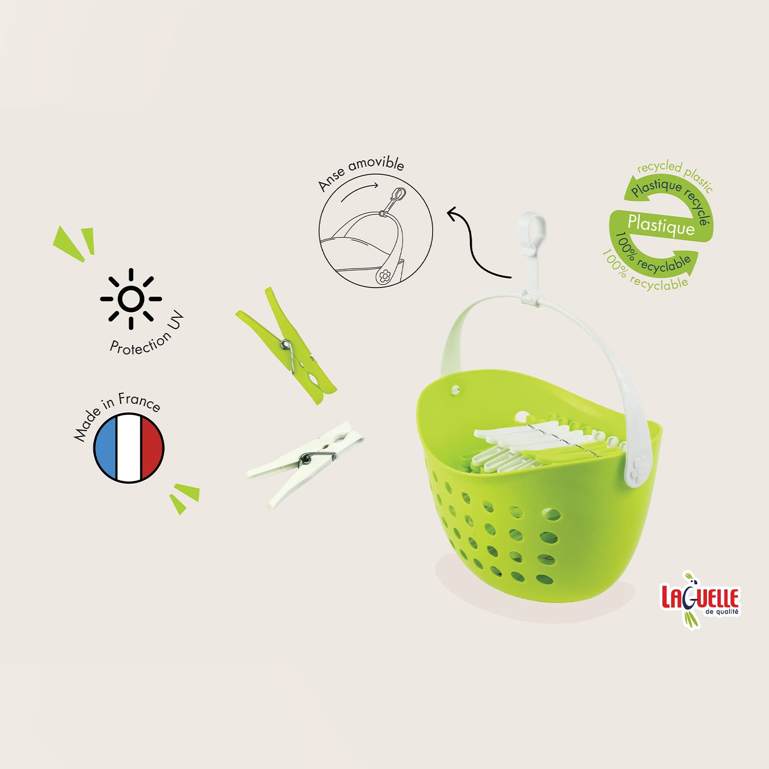 Cesta con 48 Pinzas Antiglante Recicladas - Fabricación Francesa - Cesta Verde - Pinzas Surtidas (Verde y Blanco)