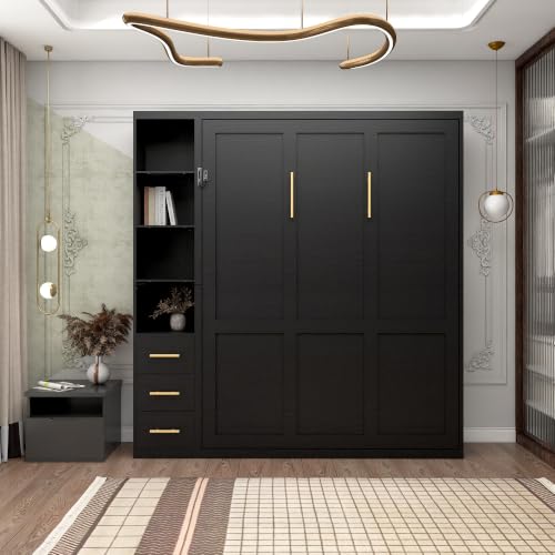 Image of KEIKI Queen Size Vertical Cabinet Murphy Bed with 1 Side Cabinet, Black