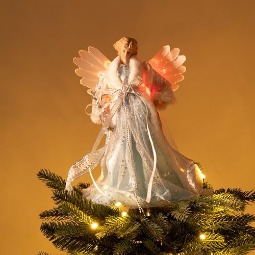 Ángel con plumas para punta de árbol de Navidad con luces LED multicolor y encaje azul de 31cm 3