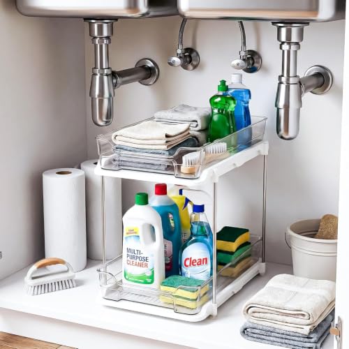 Image of Xmart India 2 Tier Under Sink Organizer, Pull Out Cabinet Storage Rack with Sliding Drawers & Hooks, Kitchen Cabinet Organizer, Bathroom Storage Shelf, Pantry & Laundry Organizer (2, Clear)