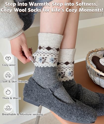 Image of IIG Cute Warm Wool Socks for Women Super Cozy Thick Crew Winter Socks Gifts, 5 Pairs