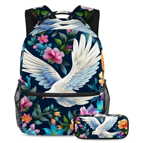 Cartable grande capacité Art Bush avec colombes et sa trousse pour ados et voyages scolaires