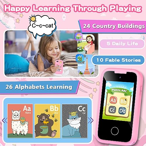 Image of Kids Phone for Girls Toys, Gifts for 3 4 5 6 7 8 9 Year Old Girls Boys | Christmas Birthday Kids Toys, Touchscreen Toddler Learning Cell Toy Phone with Dual Camera, Game, Music Player, 8GB Card Pink