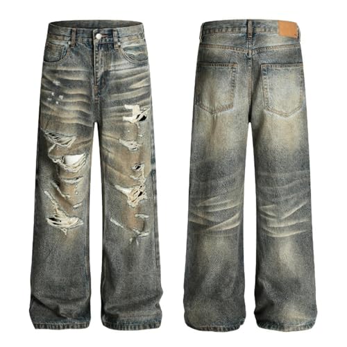 Men's Washed Ripped Straight Leg Denim Pants Retro Distressed Loose Jeans with Pockets4