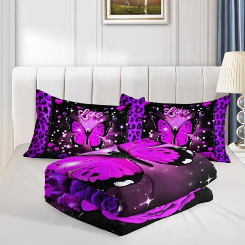 Image of QOOMO 3Pcs Leopard Print Comforter Set Queen Size,Cartoon Butterfly Bedding Set for Teens Boys Girls,Purple Comforter with 2 Pillowcases,Soft and Lightweight