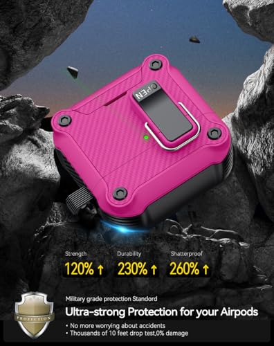 Image of Pohgelan for AirPods 4 Case with Safety Lock-Rose red | Carbon Fiber Texture Cover,Magnetic Automatic Lock with Cleaning Kit&Keychain,Compatible with Magsafe