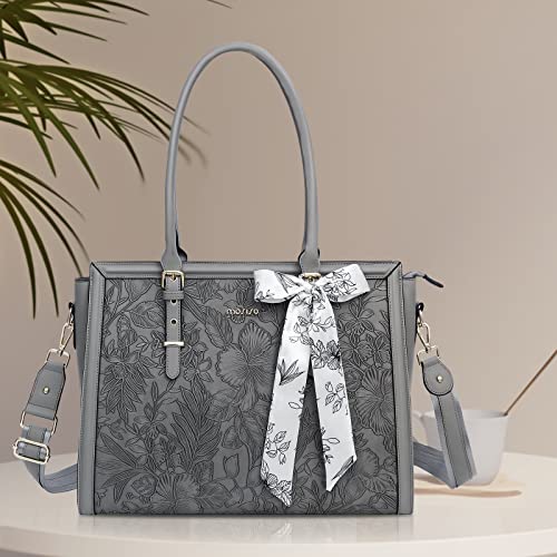 Mosiso Laptop Tote Bag Compatible With Macbook Pro 16 Inch 2023-2021&15-15.6 Inch Notebook,Front Embossed Retro Hibiscus Waterproof Pu Leather Travel Work Briefcase With Silk Scarf & Small Purse, Gray #TOP4
