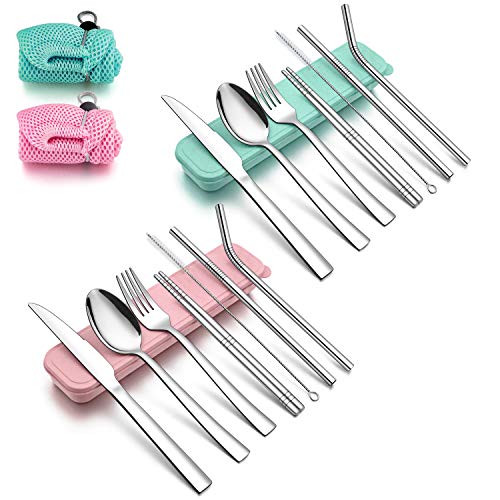 LIANYU 2 Pack Camping Travel Silverware Set, Portable Utensils Set,18-Piece Stainless Steel Flatware