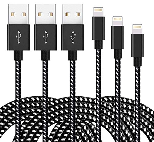 Lightning Cable 3Pack 3FT 6FT 10FT Nylon Charging Cable USB iPhone Charger Cord for iPhone X/8/8Plus/7/7 Plus/6/6Plus/6s/6sPlus/5/5c/5s/SE/IPad/iPod/Min and More-Black