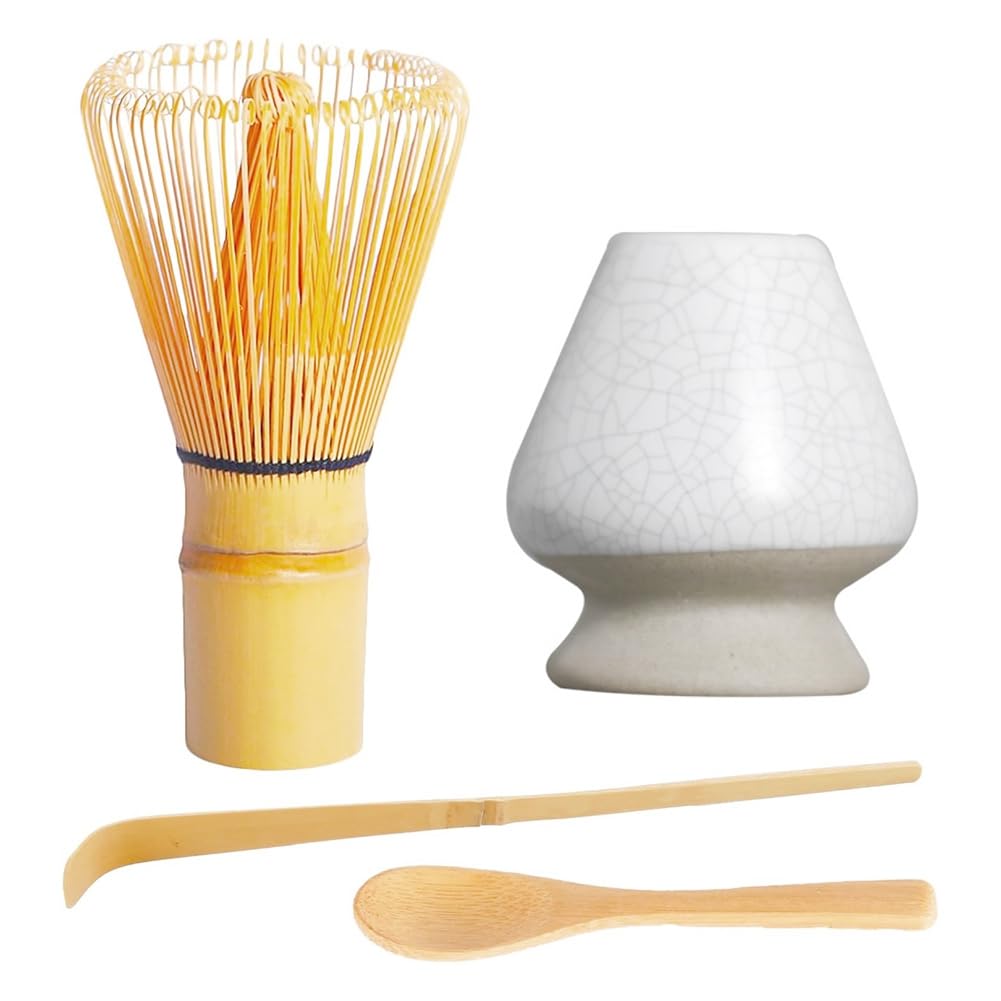 CTRLZS Matcha Set 4pcs-Handmade Bamboo Whisk(Chasen) and Traditional Tea Scoop, Matcha Spoon and Ceramic Whisk Holder
