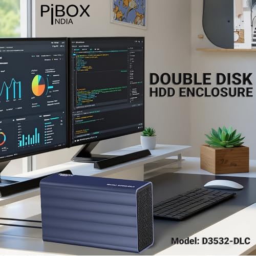 Image of PiBOX India Dual 2 Bay 3.5 /2.5 Inch SATA HDD SSD Aluminium Enclosure Dock - External RAID 0 /1 /JBOD /CLONE Storage with USB 3.1 Type-C, 6Gbps UASP, 56TB Capacity, Cooling Fan- REALTEK CHIPSET