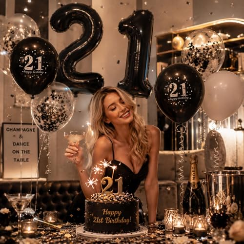 Image of 21st Birthday Balloons Black, Decorations for Him With Large Number 21 Foil Balloon, Confetti Metallic Black Latex Balloons for Her Girls Boys 21 Years Old Bday Decor